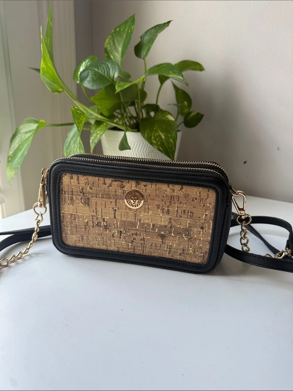 Anne Klein Gold Cork-Effect Crossbody Bag with Black Trim
